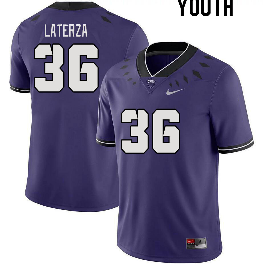 Youth #36 Joe Laterza TCU Horned Frogs 2023 College Footbal Jerseys Stitched-Purple - Click Image to Close